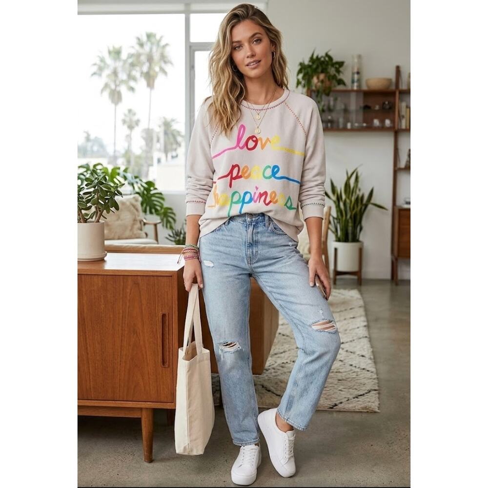 Lauren Moshi Jocelyn "Love Peace Happiness" Rainbow Stitch Sweatshirt XS - Picture 2 of 9